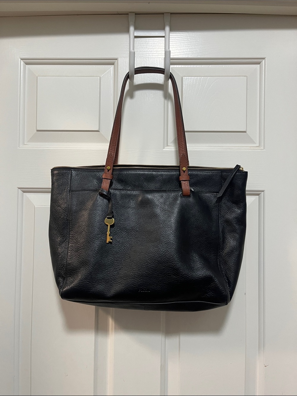 Fossil Black Leather Tote with Brown Shoulder Straps